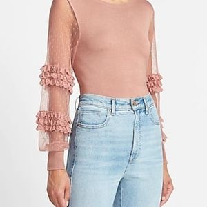 Express Ruffle Mesh Sleeve Crew Neck Sweater